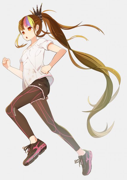 Anime picture 1203x1700 with vocaloid mizuno galaco tomioka jirou single tall image open mouth simple background red eyes brown hair white background looking away very long hair multicolored hair official art :o streaked hair running girl shoes