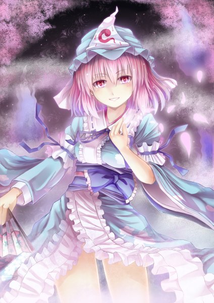 Anime picture 849x1200 with touhou saigyouji yuyuko noe noel single tall image looking at viewer blush short hair breasts open mouth smile pink hair traditional clothes japanese clothes pink eyes cherry blossoms girl hair ornament bow ribbon (ribbons)