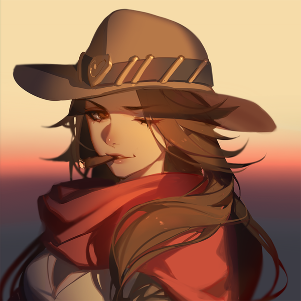 Anime picture 800x800 with overwatch blizzard entertainment mccree (overwatch) ask (askzy) single long hair looking at viewer simple background smile brown hair brown eyes one eye closed wink gradient background portrait smoking genderswap girl hat scarf