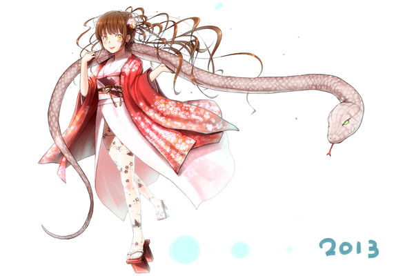 Anime picture 1800x1200 with original eri (resia) single long hair looking at viewer blush highres open mouth brown hair white background yellow eyes traditional clothes japanese clothes girl hair ornament kimono obi snake