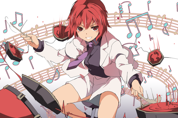 Anime picture 1024x684 with touhou horikawa raiko hasebe yuusaku single blush fringe short hair smile red eyes sitting red hair from above girl necktie musical note drum set drumsticks