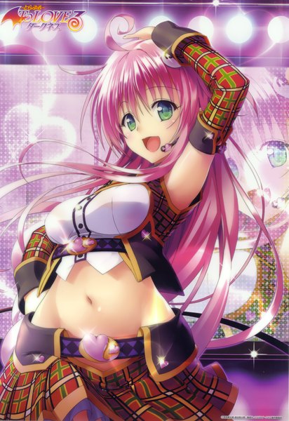 Anime picture 2710x3947 with toloveru toloveru darkness xebec lala satalin deviluke single long hair tall image blush highres open mouth light erotic green eyes pink hair ahoge scan official art midriff girl skirt navel