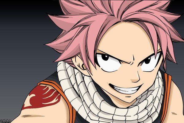 Anime picture 1707x1139 with fairy tail natsu dragneel dimm10 single highres short hair simple background smile pink hair black eyes tattoo grin muscle boy scarf