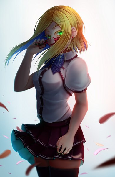Anime picture 886x1358 with oldlim (artist) single long hair tall image looking at viewer breasts blonde hair standing green eyes wind girl thighhighs skirt uniform black thighhighs school uniform earrings glasses