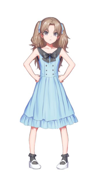 Anime picture 816x1476 with original nekotama (artist) single long hair tall image looking at viewer simple background brown hair white background purple eyes full body two side up sleeveless hands on hips girl dress ribbon (ribbons) hair ribbon blue dress