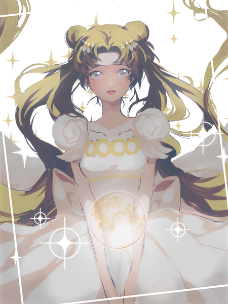 Anime picture 1280x1707 with bishoujo senshi sailor moon toei animation tsukino usagi princess serenity mango (artist) single tall image looking at viewer blue eyes simple background blonde hair white background twintails very long hair parted lips sparkle hair bun (hair buns) lipstick pink lipstick girl