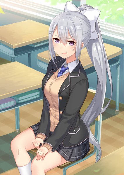 Anime picture 849x1200 with virtual youtuber nijisanji higuchi kaede hajime kaname single long hair tall image looking at viewer blush fringe open mouth hair between eyes sitting purple eyes silver hair ponytail indoors open clothes mole mole under eye