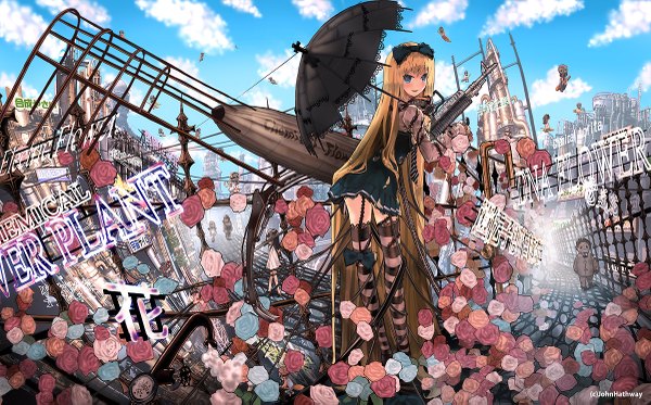Anime picture 1200x747 with original john hathway looking at viewer blush open mouth blue eyes blonde hair wide image sky cloud (clouds) very long hair zettai ryouiki city flying lolita fashion goth-loli perspective girl thighhighs dress