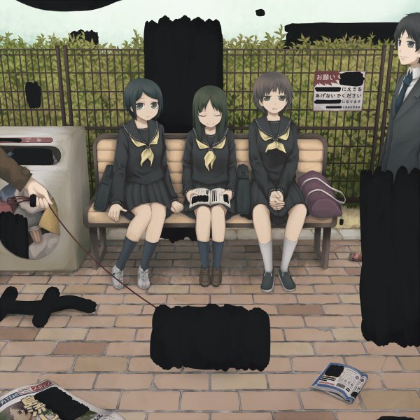 Anime picture 1200x1200 with original yajirushi (chanoma) long hair short hair black hair sitting multiple girls eyes closed black eyes girl boy socks serafuku 3 girls fence bench