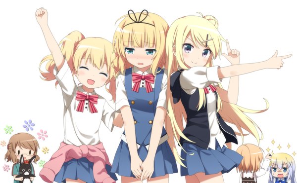 Anime picture 1419x879 with gochuumon wa usagi desu ka? kin-iro mosaic white fox kafuu chino hoto cocoa kirima sharo kujou karen alice carteret anko (gochiusa) haribote (tarao) long hair looking at viewer blush short hair open mouth blue eyes blonde hair brown hair wide image purple eyes