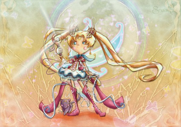 Anime picture 1024x724 with bishoujo senshi sailor moon toei animation tsukino usagi sailor moon luna (sailor moon) blush blue eyes blonde hair twintails light crescent silhouette girl bow earrings wings star (symbol) insect butterfly cat