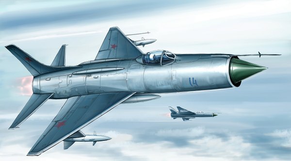 Anime picture 1350x750 with original kcme wide image sky cloud (clouds) flying pilot weapon airplane jet su-11