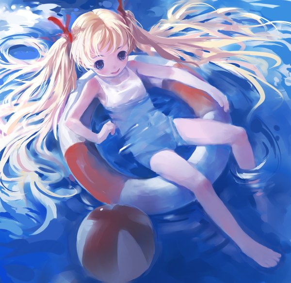 Anime picture 1024x1000 with original zrero single long hair blush fringe open mouth blue eyes blonde hair smile sitting twintails bare shoulders bent knee (knees) from above bare legs afloat girl swimsuit water