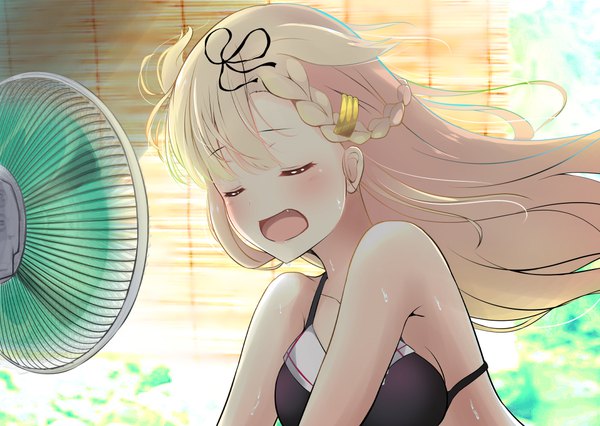 Anime picture 1075x765 with kantai collection yuudachi destroyer amagami (makise tsubaki) single long hair blush fringe breasts open mouth light erotic blonde hair hair between eyes bare shoulders upper body braid (braids) eyes closed wind sunlight blurry fang (fangs)
