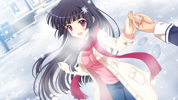 Anime picture 1024x576 with yukiiro long hair blush open mouth black hair red eyes wide image game cg holding hands snowing winter snow exhalation girl hair ornament scarf coat