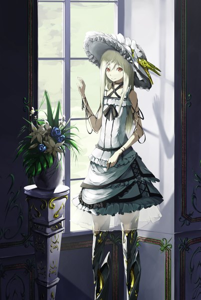 Anime picture 1126x1675 with original solru (tyappygain) single long hair tall image looking at viewer blush blonde hair smile red eyes bare shoulders sunlight girl dress hair ornament flower (flowers) ribbon (ribbons) hat window white dress