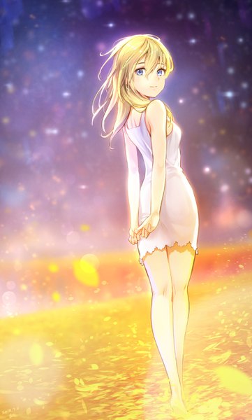 Anime picture 1568x2607 with kingdom hearts square enix namine gogo (detteiu de) single long hair tall image looking at viewer fringe blue eyes blonde hair hair between eyes standing signed sky outdoors looking back barefoot light smile from behind