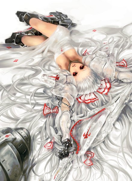 Anime picture 731x1000 with touhou fujiwara no mokou archlich single tall image looking at viewer breasts light erotic red eyes silver hair lying very long hair lips armpit (armpits) on back alternate costume legs girl bow hair bow