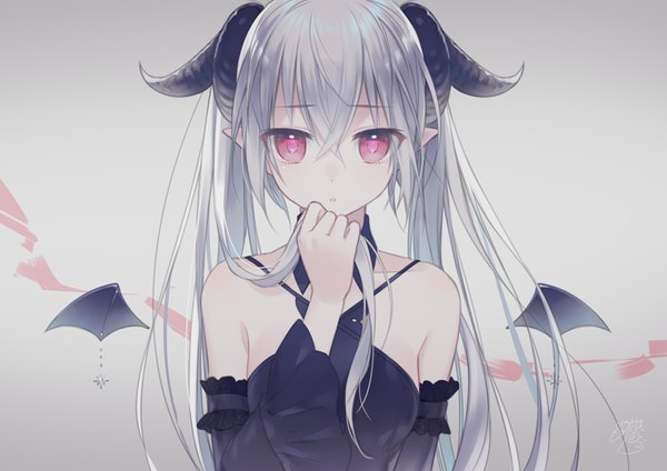Anime picture 1000x707 with original nekokan masshigura single long hair looking at viewer blush fringe hair between eyes red eyes twintails bare shoulders signed upper body parted lips horn (horns) pointy ears grey hair grey background :o demon girl