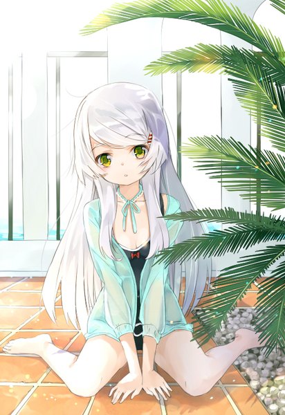 Anime picture 550x800 with original tama (05728) single long hair tall image looking at viewer blush fringe light erotic sitting green eyes payot full body ahoge white hair parted lips head tilt barefoot bare legs :o