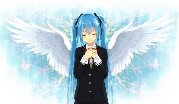 Anime picture 2000x1157 with vocaloid hatsune miku kurasawa moko single long hair highres wide image twintails blue hair eyes closed girl uniform ribbon (ribbons) hair ribbon school uniform wings