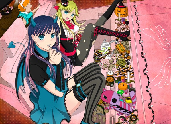 Anime picture 2923x2120 with panty & stocking with garterbelt anarchy stocking anarchy panty chuck garterbelt (psg) long hair highres blonde hair multiple girls cleavage purple hair ahoge multicolored hair horn (horns) aqua eyes streaked hair demon tail torn pantyhose girl thighhighs