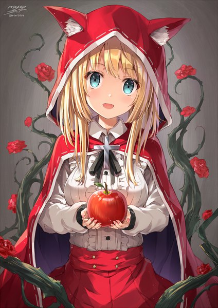 Anime picture 867x1227 with original rin yuu single long hair tall image looking at viewer blush fringe open mouth simple background blonde hair smile holding signed head tilt :d aqua eyes grey background floral print animal hood