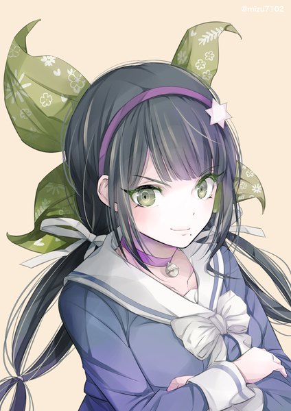 Anime picture 834x1179 with dangan ronpa new danganronpa v3 chabashira tenko mizutama single long hair tall image blush fringe black hair simple background smile twintails green eyes payot looking away upper body blunt bangs from above mole