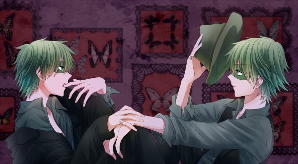 Anime picture 1200x662 with happy tree friends shifty lifty short hair smile wide image sitting green eyes profile green hair open clothes multiple boys open shirt finger to mouth open collar twins personification boy hat insect