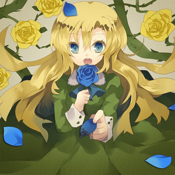 Anime picture 1000x1000 with ib (game) mary (ib) single long hair looking at viewer open mouth blue eyes blonde hair girl dress flower (flowers) petals rose (roses) blue rose green dress