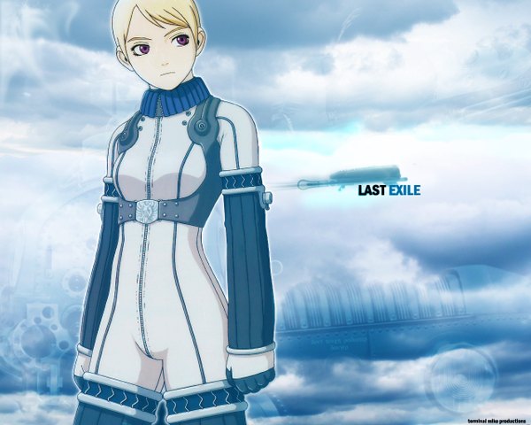 Anime picture 1280x1024 with last exile gonzo tatiana wisla short hair blonde hair purple eyes looking away girl bodysuit aircraft dirigible