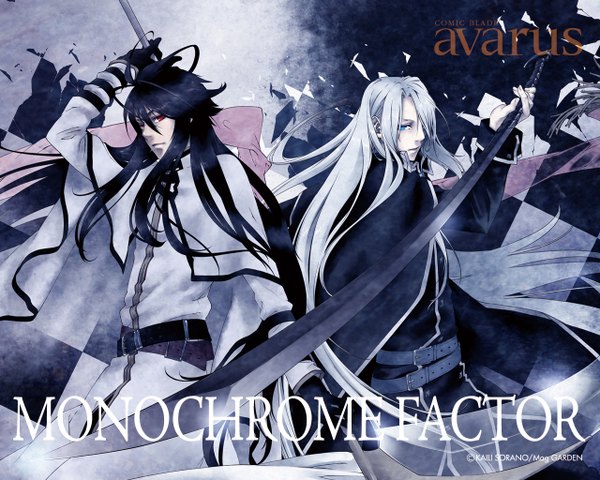 Anime picture 1280x1024 with monochrome factor shirogane akira nikaido sorano kairi long hair looking at viewer fringe black hair blonde hair red eyes looking away ahoge white hair very long hair parted lips arm up aqua eyes lips inscription multiple boys