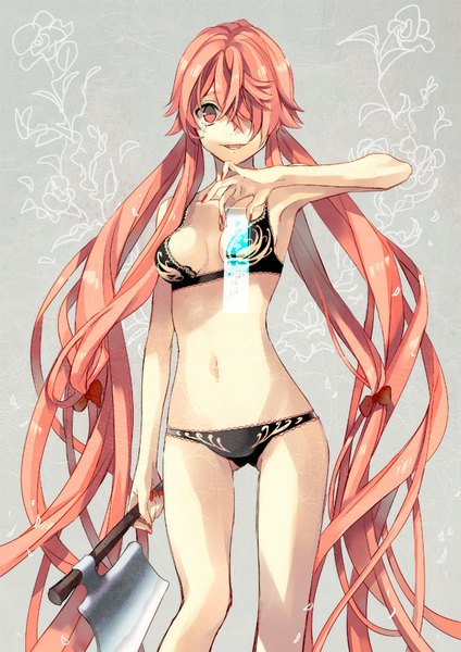 Anime picture 566x800 with mirai nikki gasai yuno tibino single tall image looking at viewer fringe light erotic smile twintails holding pink hair bent knee (knees) very long hair nail polish fingernails hair over one eye alternate costume low twintails ass visible through thighs