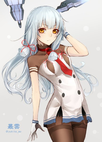 Anime picture 1014x1403 with kantai collection murakumo destroyer yukihama single long hair tall image looking at viewer fringe light erotic standing yellow eyes silver hair grey background no bra short sleeves adjusting hair alternate hairstyle arched back polka dot tress ribbon