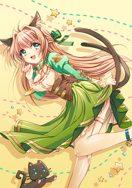 Anime picture 724x1024 with original jindei single long hair tall image looking at viewer blush fringe breasts open mouth light erotic simple background blonde hair smile hair between eyes large breasts standing green eyes animal ears ahoge