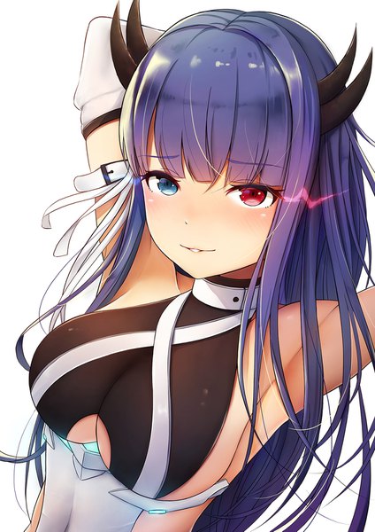 Anime picture 1200x1697 with azur lane ibuki (azur lane) kannko bokujou single long hair tall image looking at viewer blush fringe breasts blue eyes light erotic simple background smile hair between eyes red eyes large breasts white background purple hair upper body