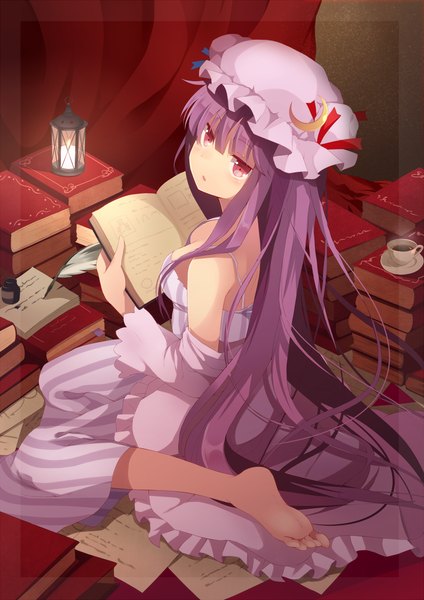 Anime picture 800x1131 with touhou patchouli knowledge marotti single long hair tall image purple eyes purple hair barefoot girl dress book (books) bonnet cup candle (candles)