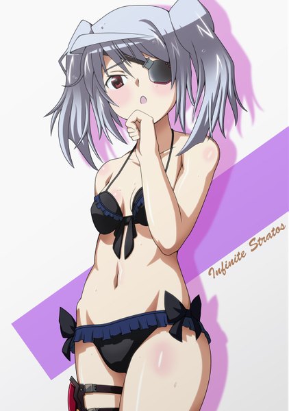 Anime picture 1039x1476 with infinite stratos 8bit laura bodewig chausagi (artist) single tall image open mouth light erotic red eyes twintails silver hair short twintails girl underwear bow swimsuit bikini black bikini eyepatch