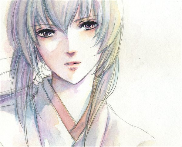 Anime picture 1185x962 with rurouni kenshin yukishiro tomoe single long hair white background brown eyes ponytail japanese clothes multicolored hair portrait traditional media watercolor (medium) girl
