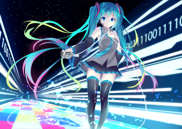 Anime picture 3294x2329 with vocaloid hatsune miku tsuzaki tsunomi single looking at viewer highres blue eyes twintails absurdres very long hair aqua hair girl thighhighs skirt hair ornament detached sleeves necktie microphone