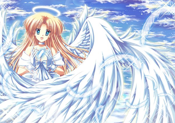Anime picture 1102x780 with ef shaft (studio) hayama mizuki shirakawako long hair open mouth blue eyes blonde hair cloud (clouds) girl dress wings feather (feathers) halo