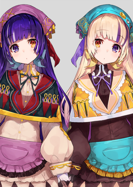 Anime picture 783x1100 with original mika pikazo long hair tall image looking at viewer simple background blonde hair standing multiple girls payot purple hair head tilt multicolored hair grey background two-tone hair heterochromia girl 2 girls headscarf