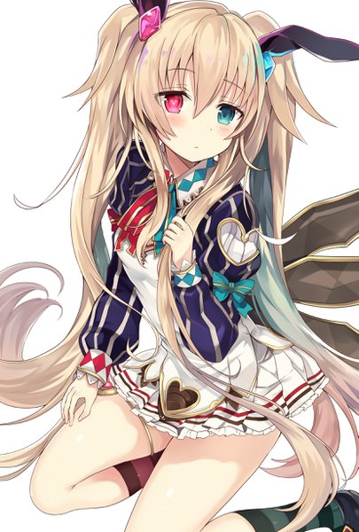 Anime picture 1653x2447 with grimms notes square enix alice (grimms notes) retsuto single long hair tall image looking at viewer blush fringe blue eyes blonde hair simple background hair between eyes white background sitting animal ears long sleeves pink eyes two side up
