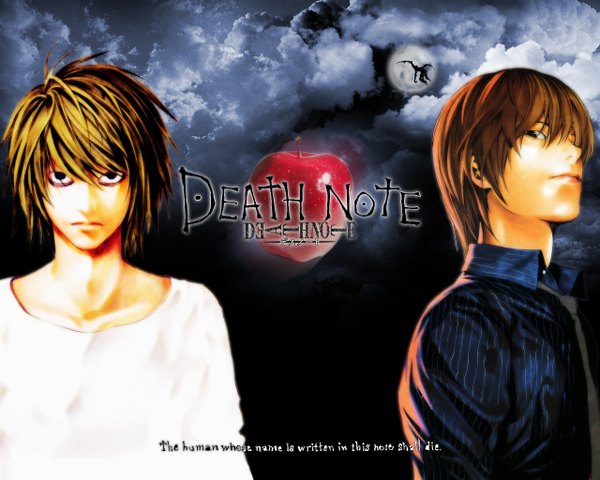 Anime picture 1280x1024 with death note madhouse yagami light l (death note) ryuk looking at viewer fringe short hair hair between eyes brown hair sky cloud (clouds) upper body black eyes night multiple boys night sky copyright name text looking down