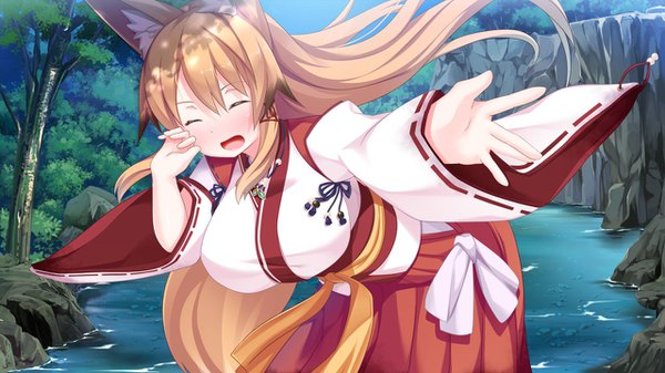 Anime picture 1280x720 with tenkiame kon (tenkiame) haik single long hair blush breasts open mouth brown hair wide image large breasts animal ears payot game cg tail eyes closed traditional clothes japanese clothes animal tail wide sleeves