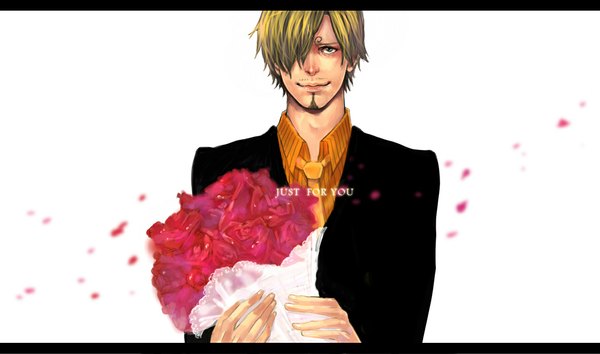 Anime picture 1181x698 with one piece toei animation sanji quanro fringe short hair blue eyes simple background wide image white background light smile hair over one eye text english formal boy flower (flowers) petals bouquet beard
