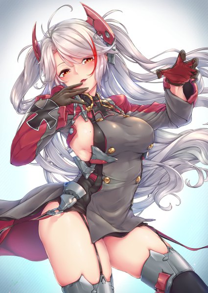 Anime picture 1756x2479 with azur lane prinz eugen (azur lane) kurofude anna single long hair tall image looking at viewer blush fringe highres breasts light erotic large breasts brown eyes payot silver hair ahoge multicolored hair mole two-tone hair