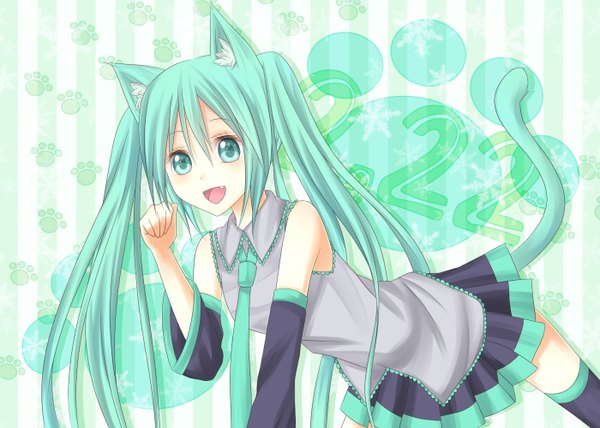 Anime picture 1400x1000 with vocaloid hatsune miku matsurika (akatuki1227) single looking at viewer blush open mouth twintails very long hair aqua eyes aqua hair cat girl cat tail girl skirt detached sleeves miniskirt