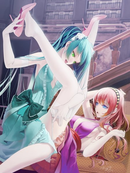 Anime picture 1920x2560 with vocaloid hatsune miku megurine luka okingjo long hair tall image highres breasts open mouth blue eyes light erotic twintails multiple girls green eyes pink hair aqua hair shoujo ai girl thighhighs dress