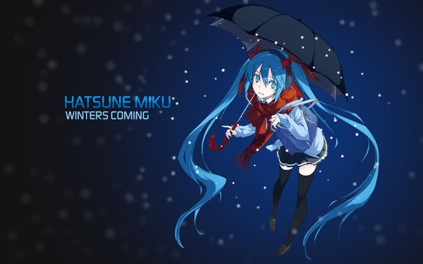 Anime picture 1920x1200 with vocaloid hatsune miku assassinwarrior hamashin single long hair looking at viewer fringe highres blue eyes simple background standing twintails blue hair pleated skirt from above leaning leaning forward dark background snow